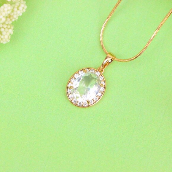 "Oval White Pendant with Crystal Halo in Elegant Rose Gold Plating, XPPT1621 - Picture 2 of 13